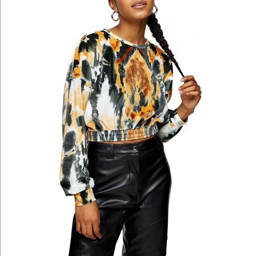 NWT TopShop Long Sleeve Velour Crop Tie Dye Top 8